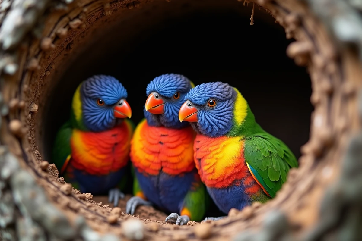 Jeunes loriquets dans un nid en tronc d