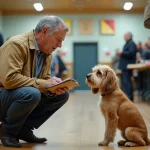 Juge examinent un petit chien à la fourrure hétéroclite en coulisses
