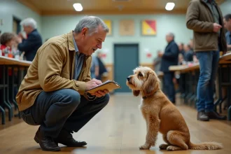 Juge examinent un petit chien à la fourrure hétéroclite en coulisses