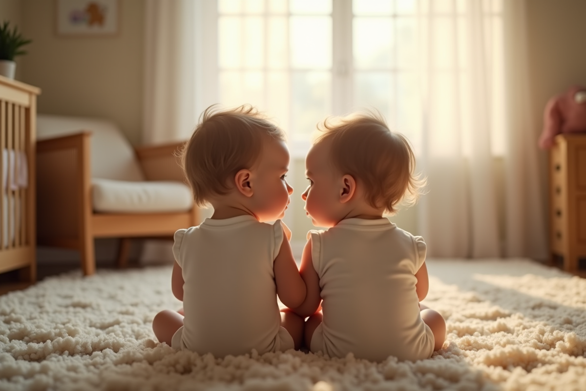 Jumeaux conjoins assis dans une nurserie chaleureuse