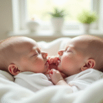 Jumeaux conjoins enfants allonges paisiblement sur un drap blanc