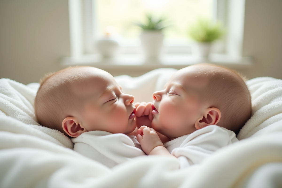 Jumeaux conjoins enfants allonges paisiblement sur un drap blanc
