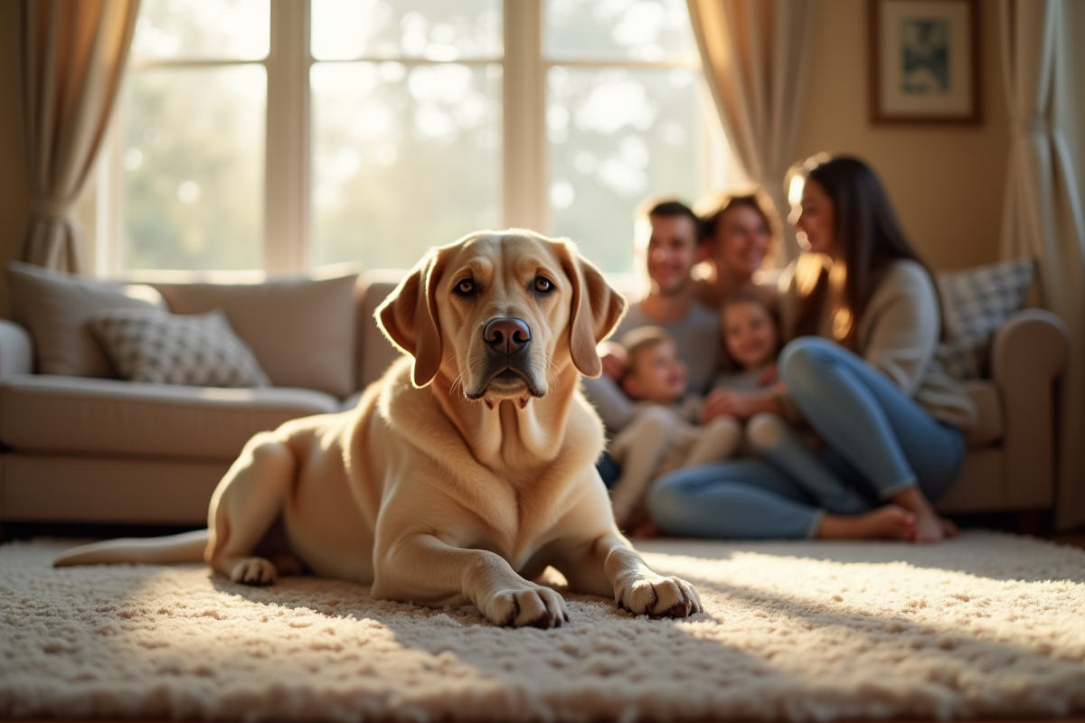 Labrador calme allongé dans le salon avec famille heureuse