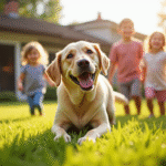 Labrador joyeux jouant dans le jardin ensoleille avec des enfants
