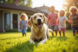 Labrador joyeux jouant dans le jardin ensoleille avec des enfants