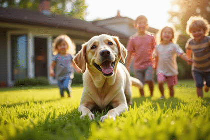 Labrador joyeux jouant dans le jardin ensoleille avec des enfants
