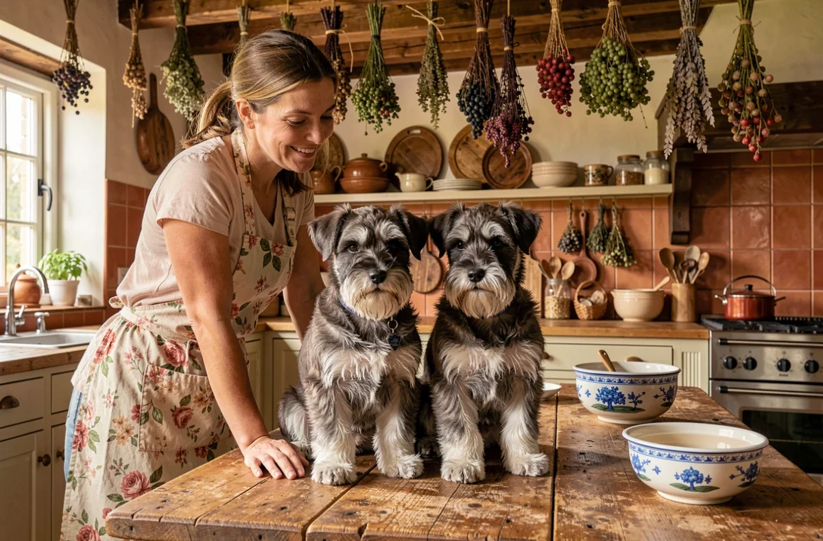 Chiots schnauzer aux moustaches distinctives dans une cuisine berrichonne des Moustaches du Berry