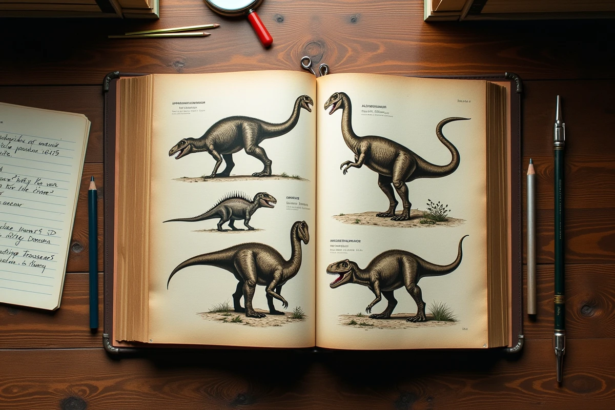 Livre illustré de dinosaures carnivores ouvert sur un bureau d'étude avec notes scientifiques manuscrites