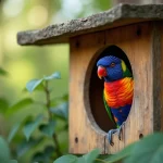 Loriquet arc-en-ciel posé à la porte d'une cabane en bois