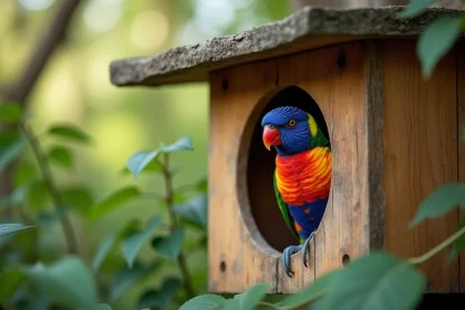 Loriquet arc-en-ciel posé à la porte d'une cabane en bois