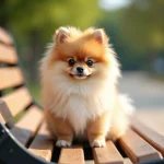 Loulou de Poméranie au pelage crème et orange assis sur un banc en bois dans un parc urbain