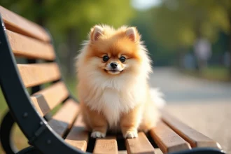 Loulou de Poméranie au pelage crème et orange assis sur un banc en bois dans un parc urbain
