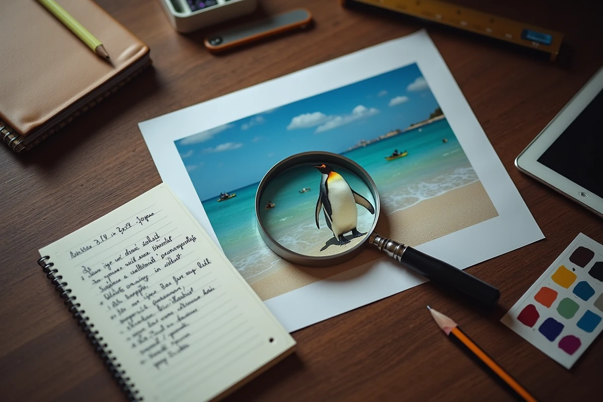 Vue aérienne d'une photo de manchot sur plage examinée à la loupe pour repérer des retouches numériques