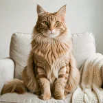 Maine Coon majestueux aux longs poils touffus assis sur un fauteuil en lin dans un salon scandinave chaleureux, regard ambré direct vers l'objectif