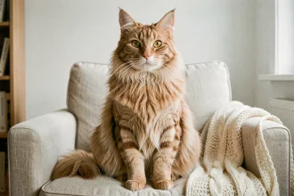Maine Coon majestueux aux longs poils touffus assis sur un fauteuil en lin dans un salon scandinave chaleureux, regard ambré direct vers l'objectif