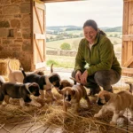 Éleveuse de chiots souriante entourée de chiots dans un élevage familial en Centre-Val de Loire