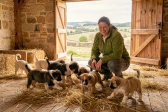 Éleveuse de chiots souriante entourée de chiots dans un élevage familial en Centre-Val de Loire
