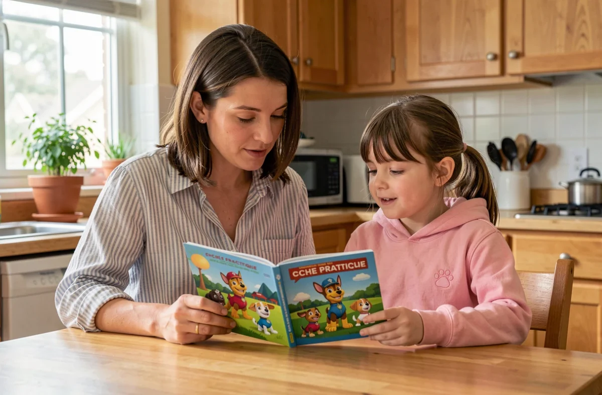 Mère et fille consultant ensemble une fiche pratique Pat Patrouille à la table de cuisine