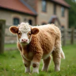 Mini vache fluffy au pelage caramel et blanc debout dans un pré verdoyant d'une petite ferme autonome