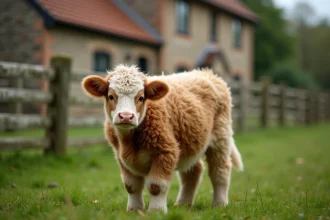 Mini vache fluffy au pelage caramel et blanc debout dans un pré verdoyant d'une petite ferme autonome