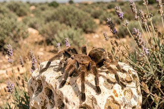 Mygale poilue reposant sur un rocher calcaire en garrigue provençale entourée de lavande et thym sauvage séchés