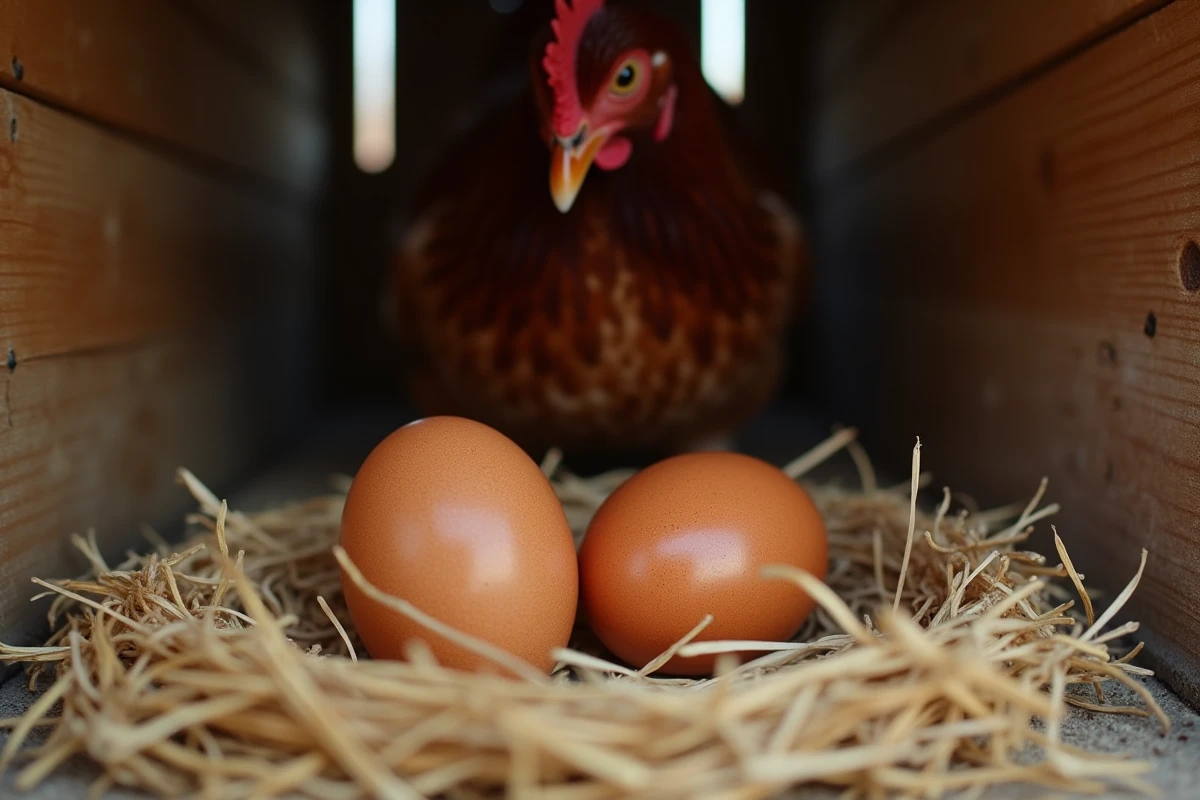 Œufs bruns pondus par une poule Plymouth Rock dans un nichoir en bois de poulailler rustique