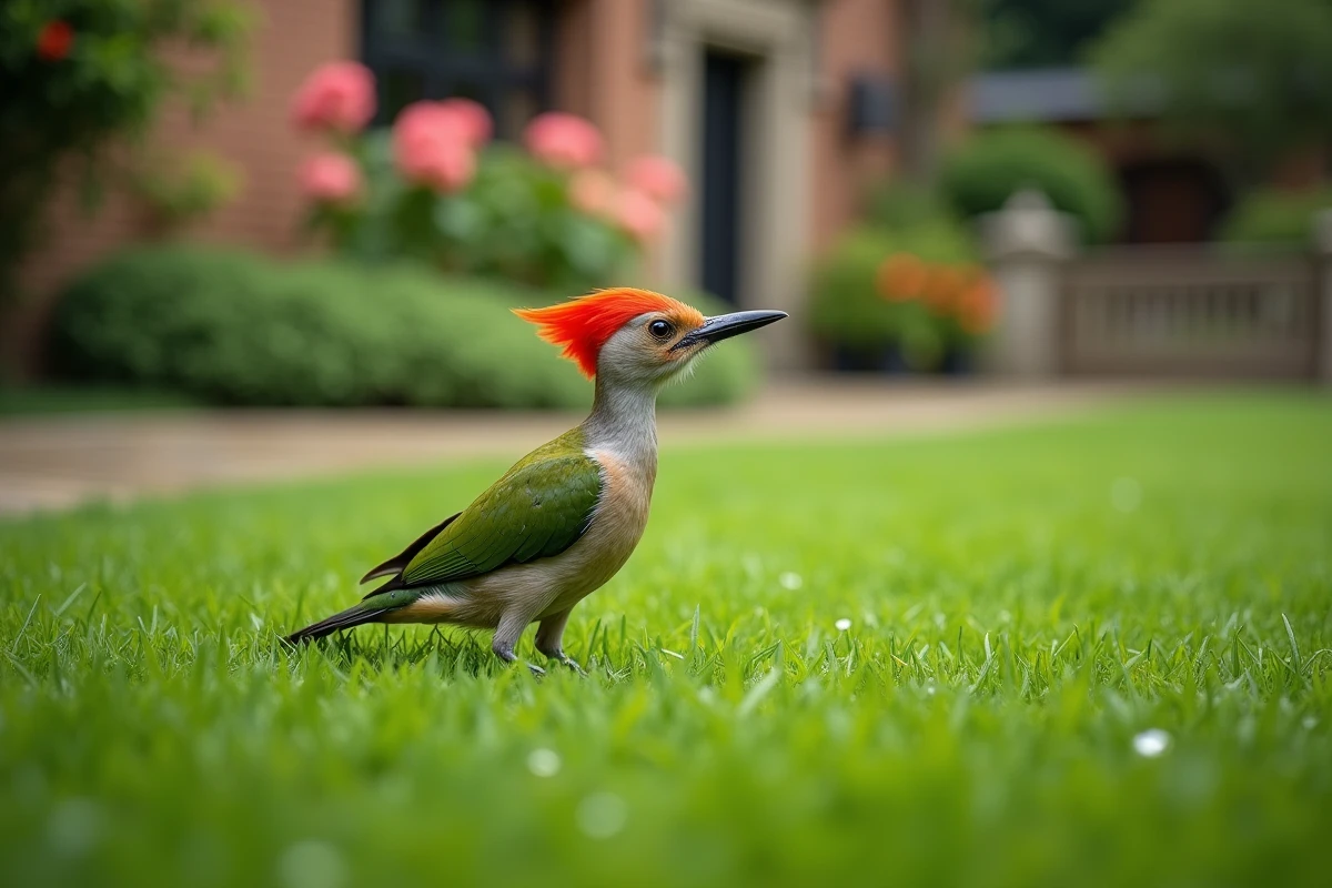 Oiseau vert et rouge debout sur une pelouse verte avec sentier en pierre en arrière-plan