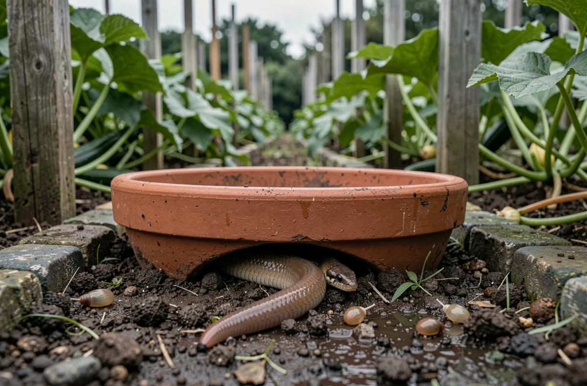 Orvet partiellement caché sous un pot en terre cuite au potager avec des limaces à proximité