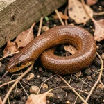 Orvet commun lové sur la terre d'un potager, montrant ses écailles lisses de couleur bronze