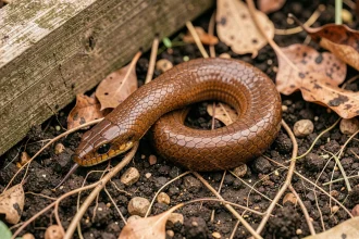 Orvet commun lové sur la terre d'un potager, montrant ses écailles lisses de couleur bronze