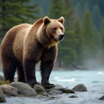 Mâle grizzly debout au bord de la rivière en Alaska