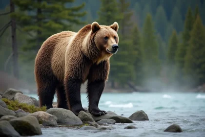 Mâle grizzly debout au bord de la rivière en Alaska