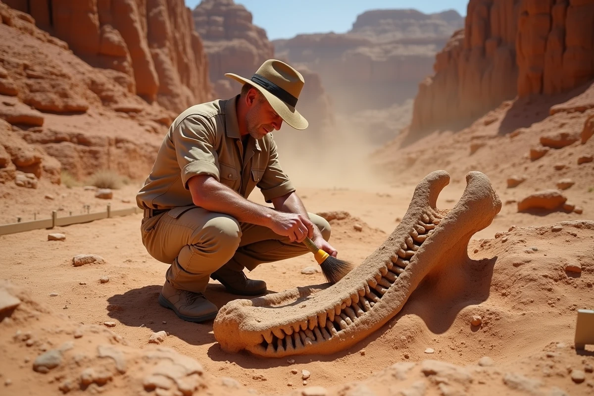Paléontologue excavant une mâchoire fossile de dinosaure carnivore dans un site désertique