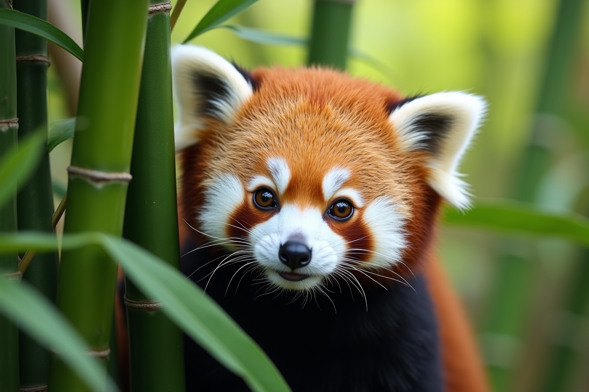 Panda rouge curieux dans la verdure du bambou