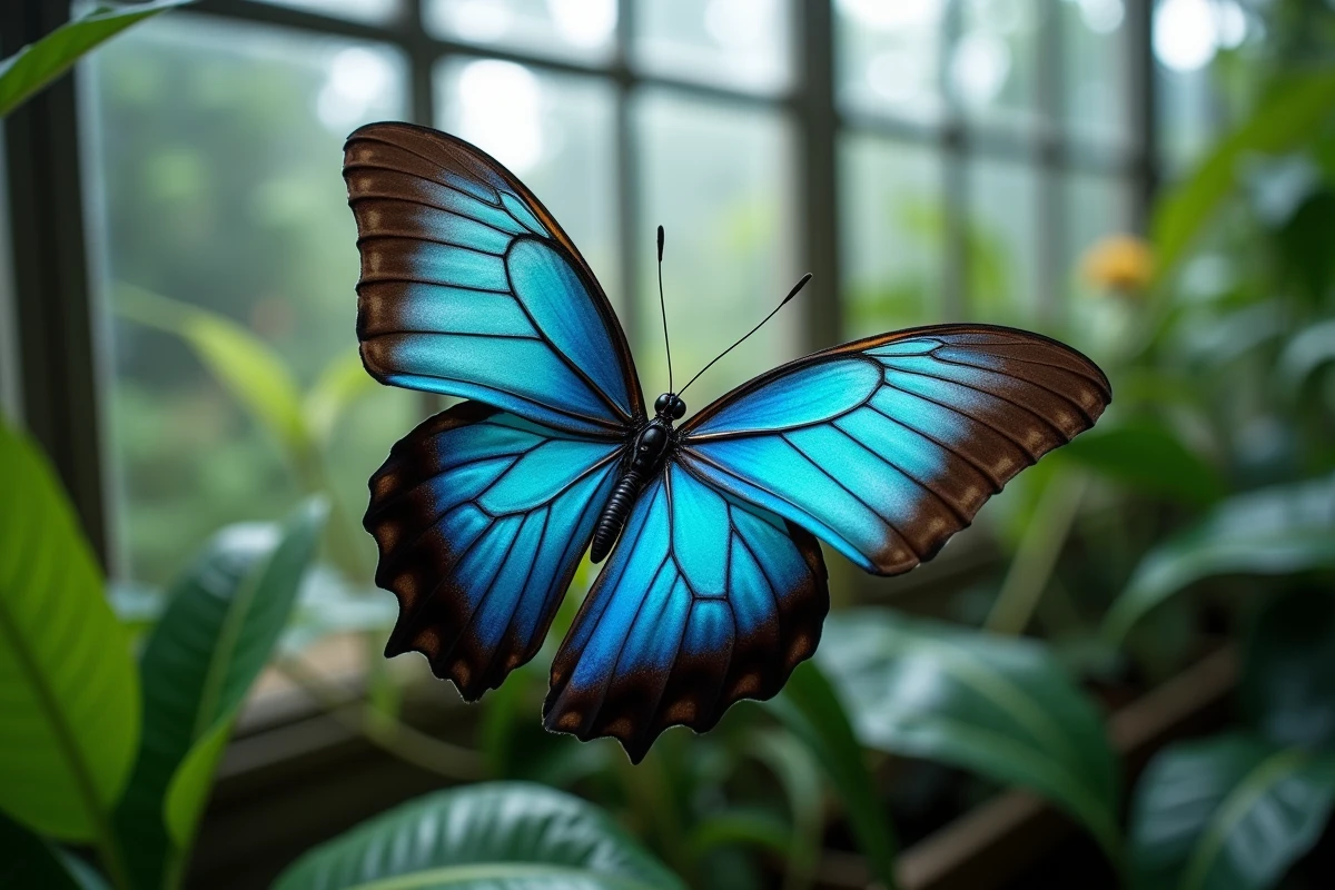Papillon morpho aux ailes bleu iridescent posé sur une tige végétale en serre tropicale, illustrant la structure unique des écailles d'insectes et leur différence avec les autres animaux