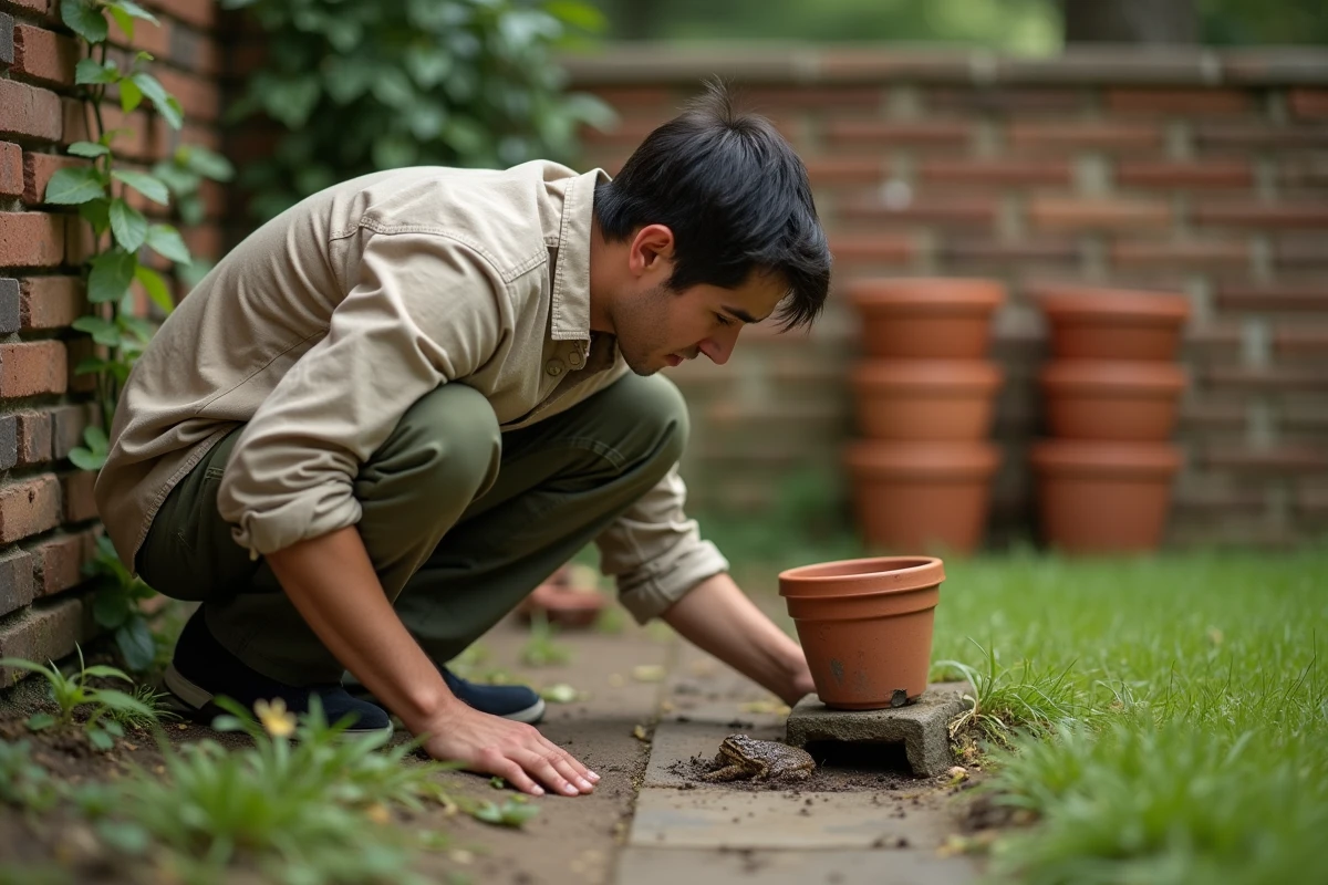 Personne observant un crapaud caché sous un pot en terre cuite dans un coin de jardin avec des crottes visibles sur le sol