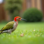 Pic vert au plumage vert et rouge posé sur une pelouse de jardin en France