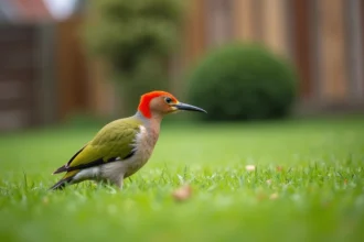 Pic vert au plumage vert et rouge posé sur une pelouse de jardin en France