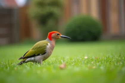 Pic vert au plumage vert et rouge posé sur une pelouse de jardin en France