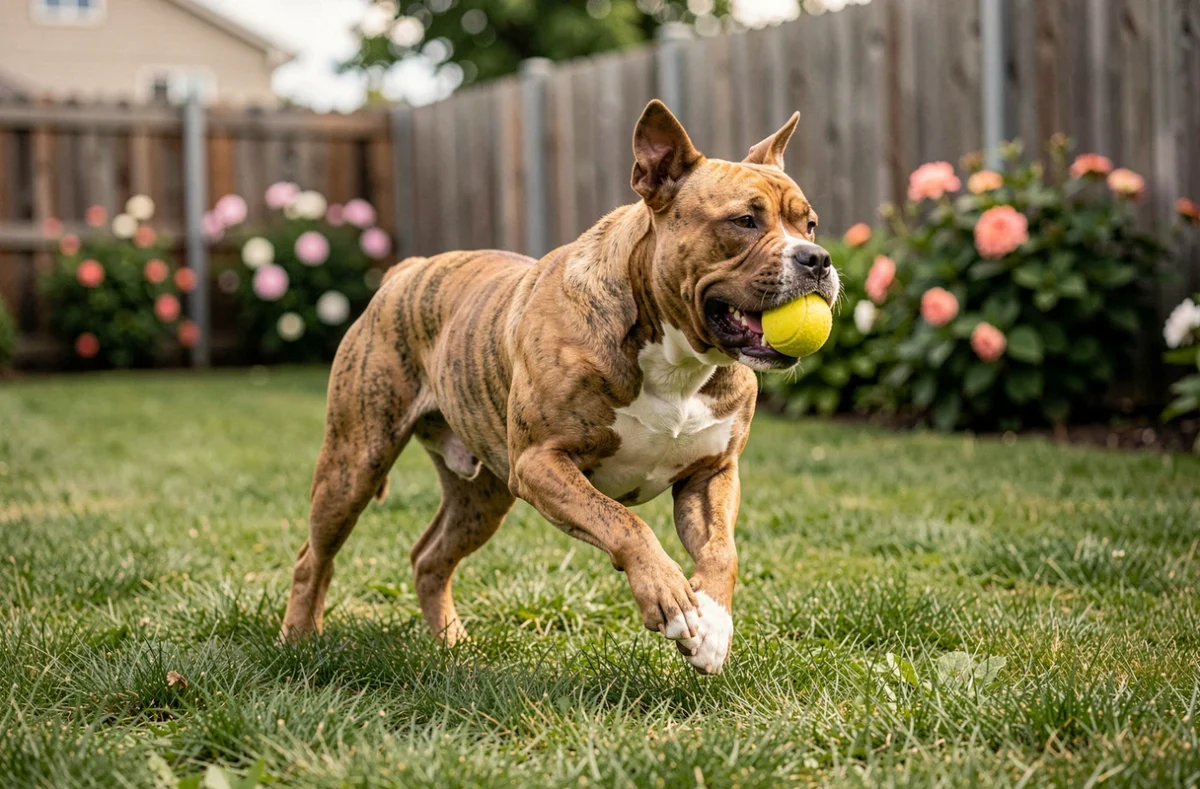 Pocket American Bully fauve en plein mouvement jouant avec une balle dans un jardin, illustrant son niveau d'activité et son énergie