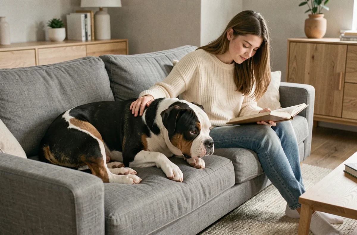 Pocket American Bully tricolore allongé sur un canapé aux côtés d'une jeune femme dans un salon moderne, illustrant son tempérament affectueux en famille