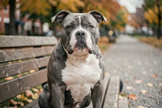 Pocket American Bully bleu et blanc assis sur un banc de parc en automne, regardant l'objectif avec une expression calme et confiante
