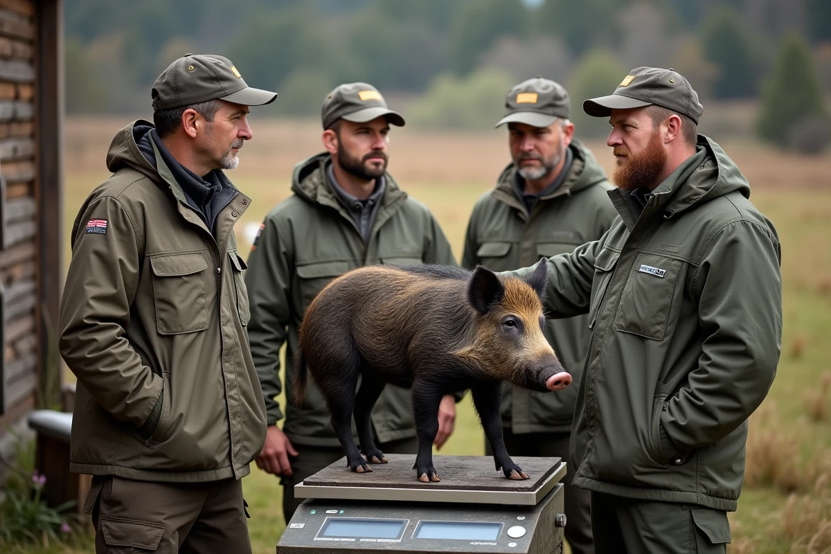 Groupe de chasseurs pesant un sanglier dans un centre de chasse