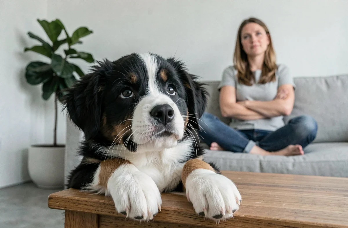 Portrait rapproché d'un chiot Berger Australien tricolore posant le menton sur une table basse, regard expressif et têtu, femme pensive en arrière-plan