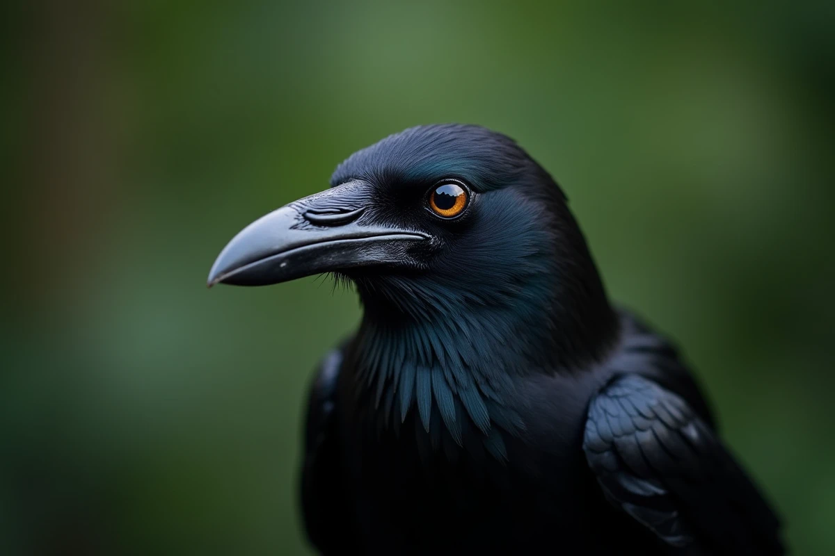Portrait en gros plan de la femelle du corbeau, œil expressif et bec crochu mis en valeur avec détail du plumage irisé