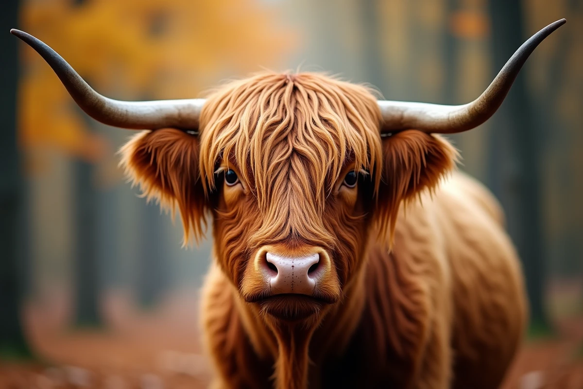 Portrait rapproché d'une vache Highland avec sa longue frange rousse couvrant les yeux et ses grandes cornes courbées, fond de forêt automnale flou