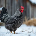 Poule Plymouth Rock aux plumes barrées noires et blanches dans un poulailler enneigé en hiver