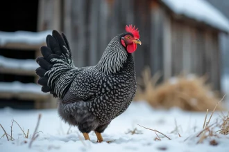 Poule Plymouth Rock aux plumes barrées noires et blanches dans un poulailler enneigé en hiver