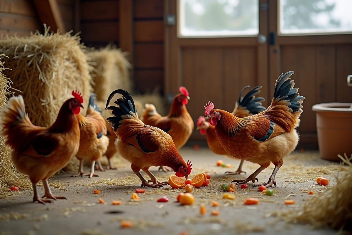 Poules et coq dans une basse-cour en bois avec jouets