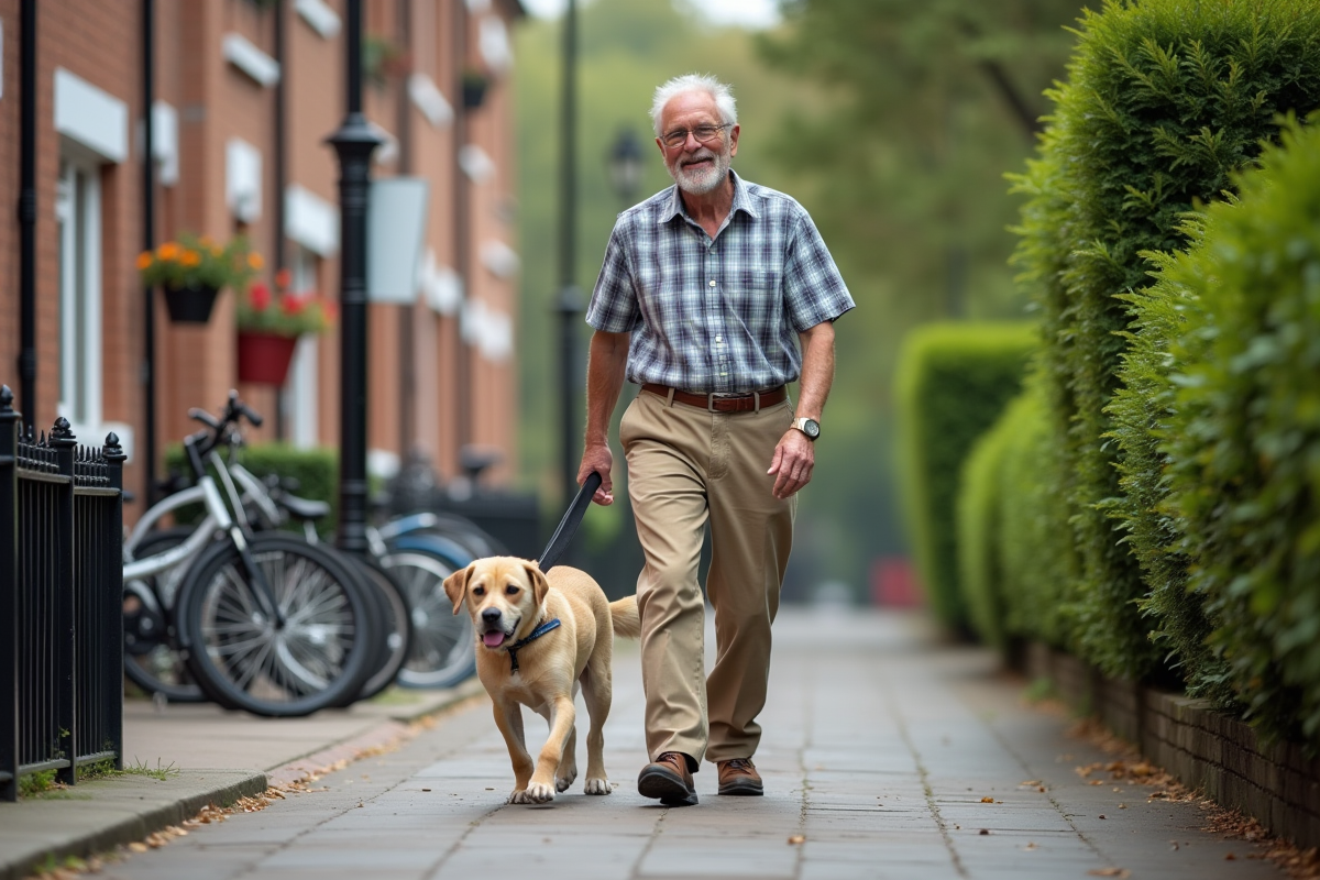 Homme retraité marchant avec son chien dans une rue résidentielle paisible